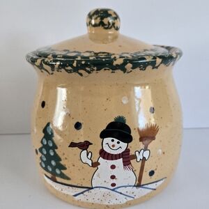 Country Snowman Christmas Stoneware Canister Green Sponge Crock With Lid